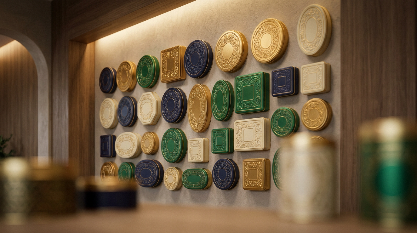 A wall of premium decorative metal tins by Masaş
