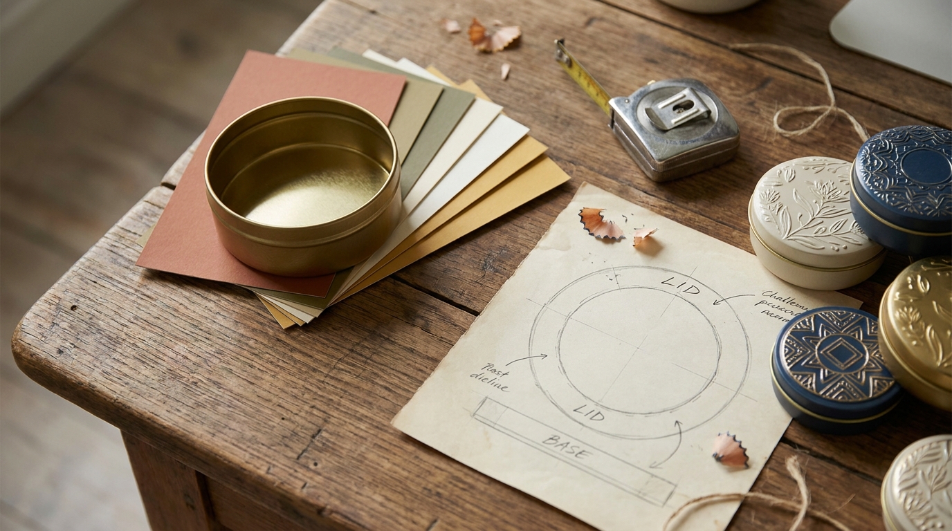 Planning a custom tin order — swatches, measurements and a finished tin