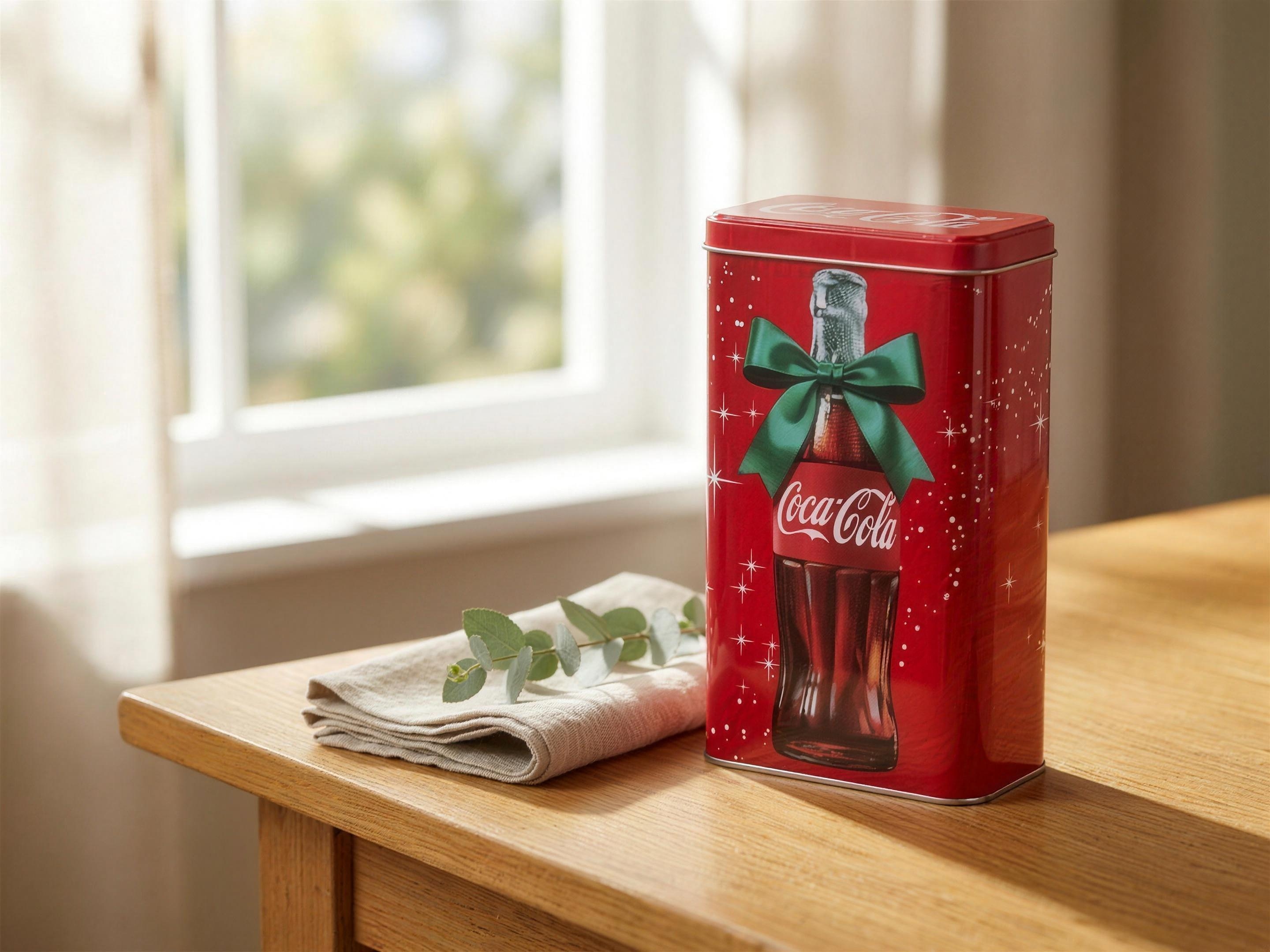 A decorative Coca-Cola tin made by Masaş, styled on a sunlit table