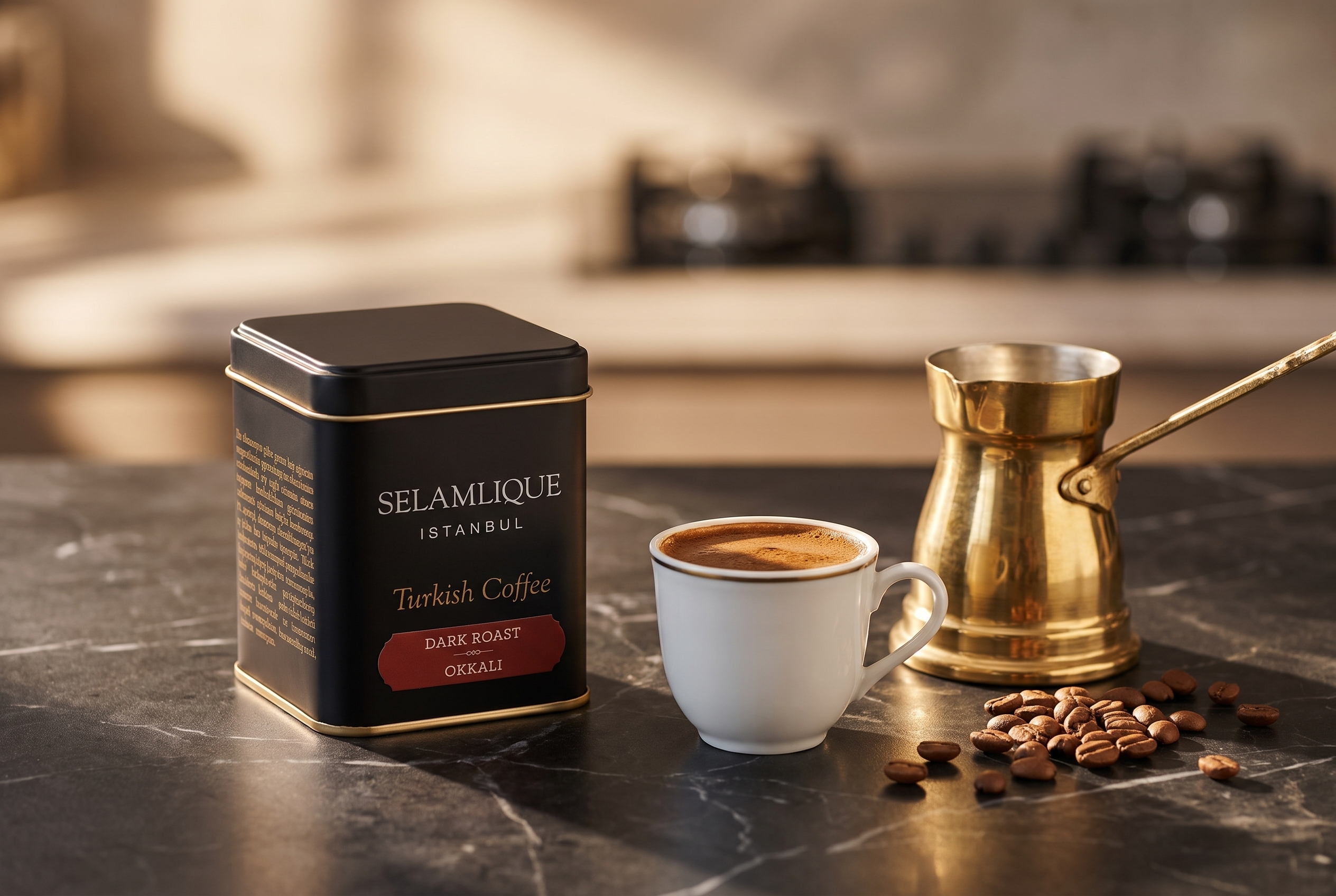 A premium Selamlique Istanbul Turkish coffee tin made by Masaş, styled on dark marble with a cup of Turkish coffee, a brass cezve and roasted beans