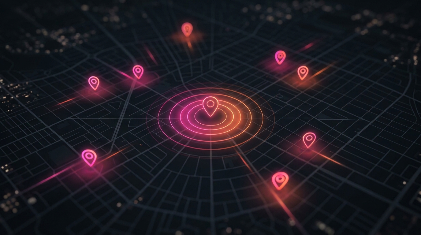 Night city map with glowing pins