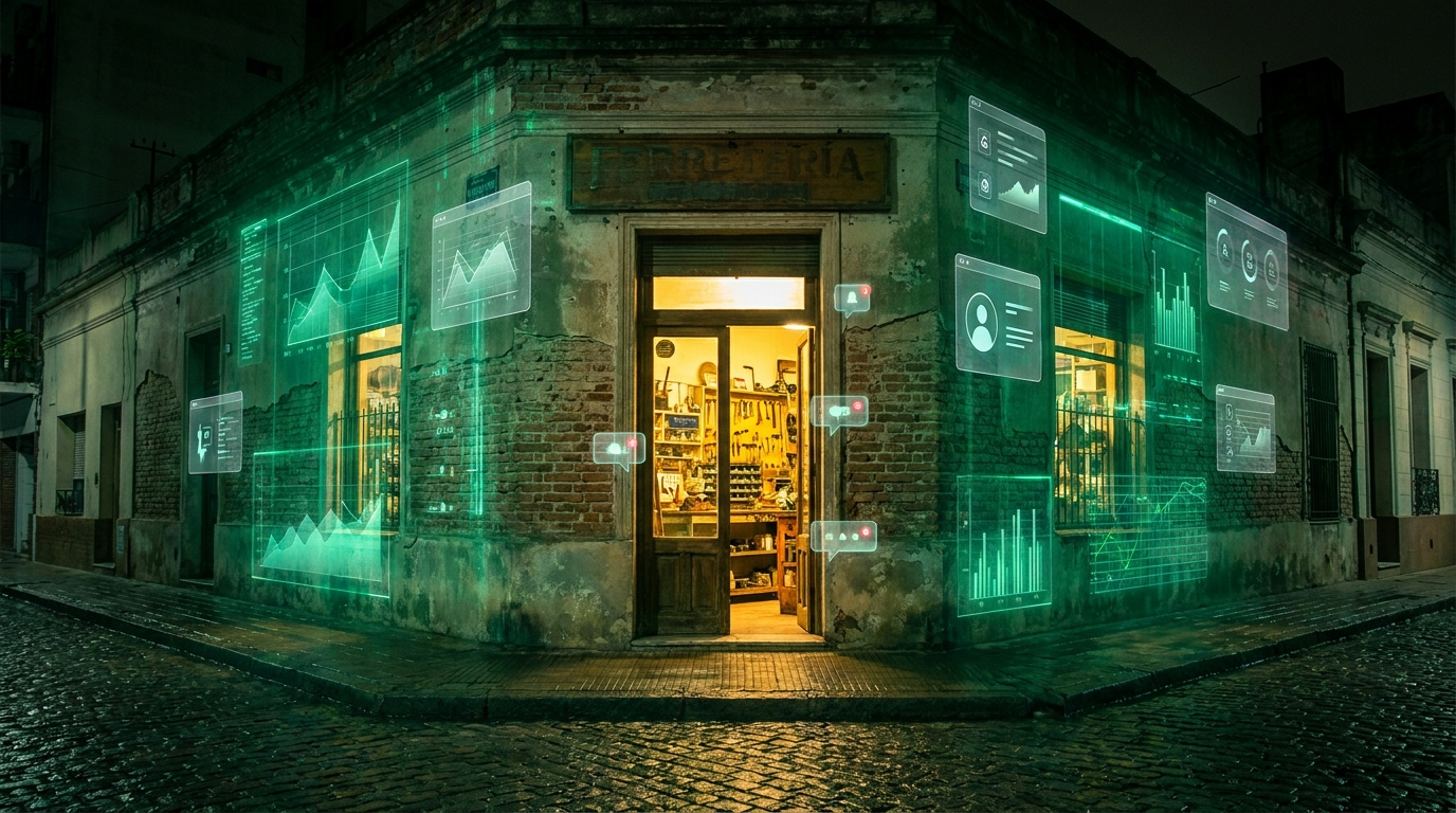 Comercio de barrio iluminado de noche con una capa digital verde que representa la automatización de NATO Sistemas