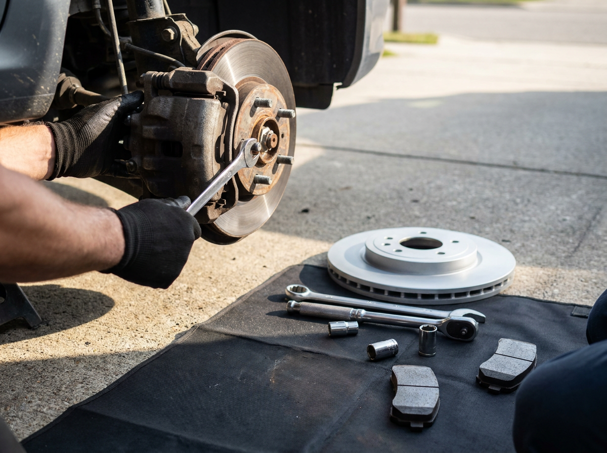 Mechanic's hands removing a brake caliper and rotor from a car wheel in a driveway