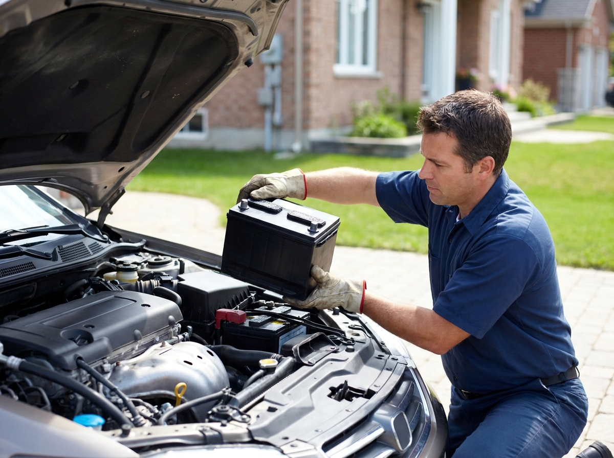 Mechanic replacing a car battery under the hood of a vehicle in a driveway