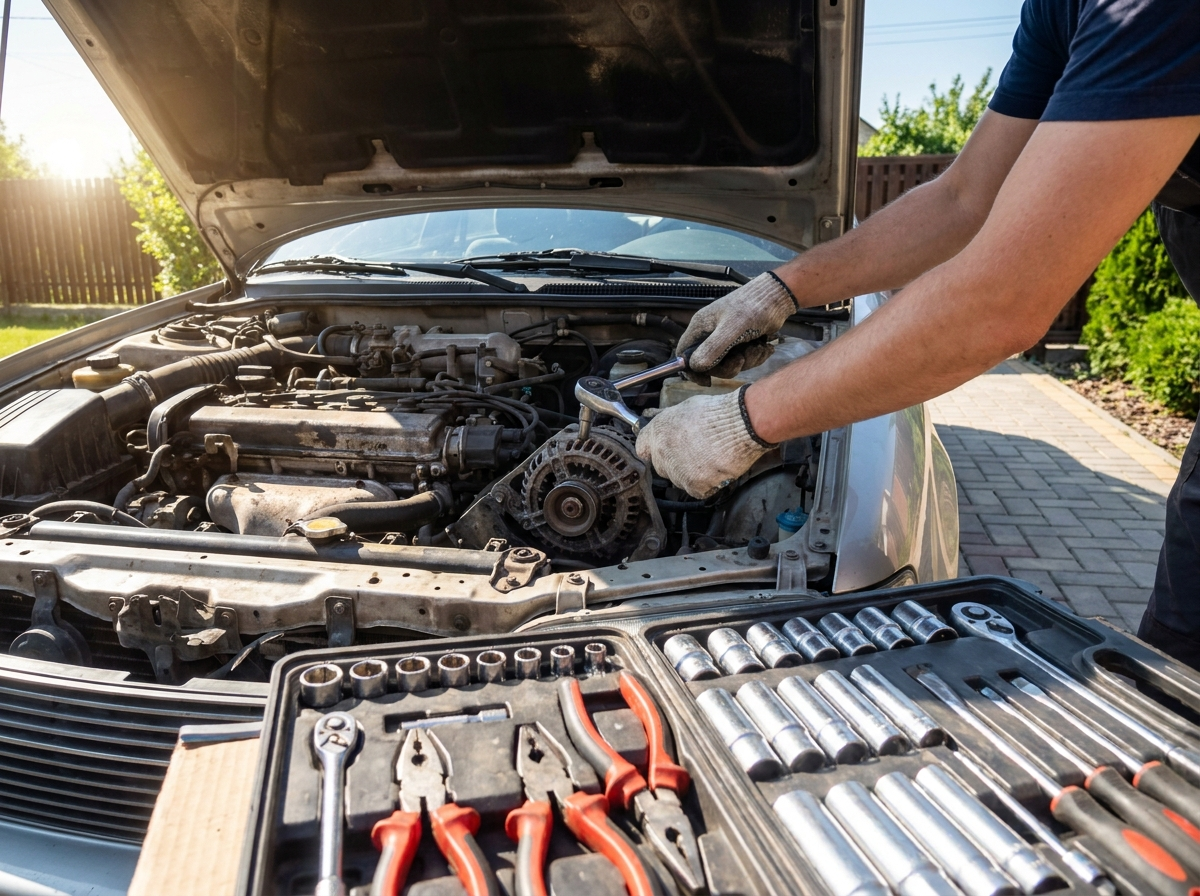 Mechanic removing an alternator from a car engine bay with a wrench