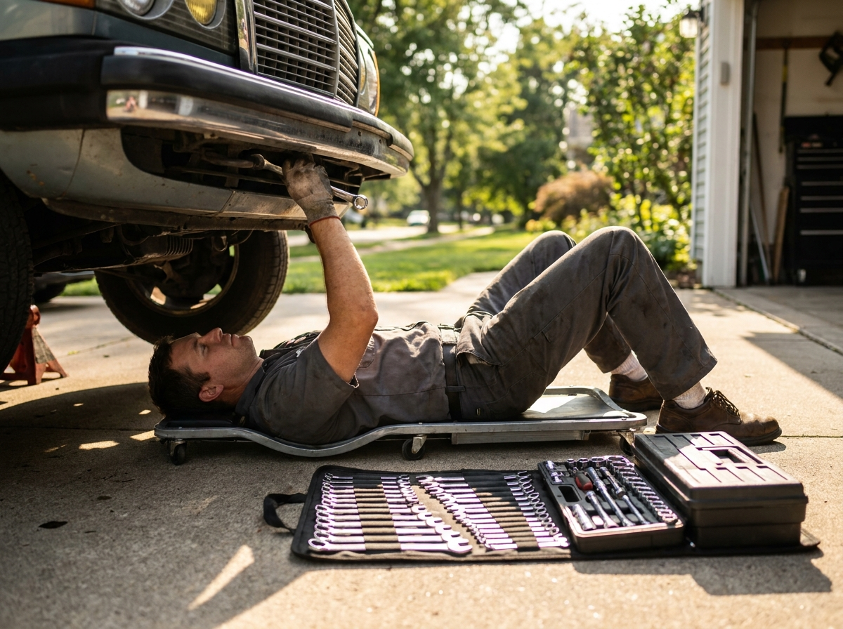Mechanic on a creeper reaching up into a car's engine bay to install a starter motor