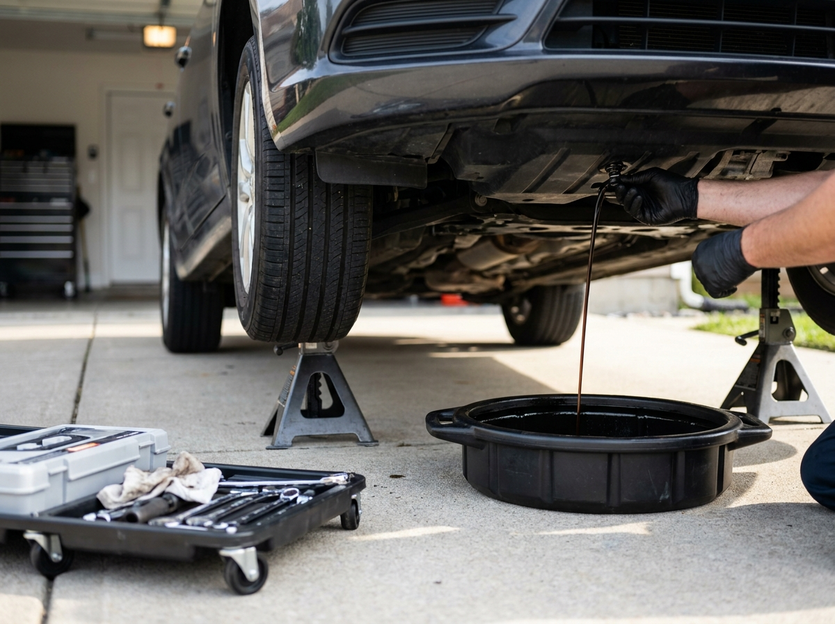 Mechanic draining old engine oil into a drain pan underneath a car raised on jack stands