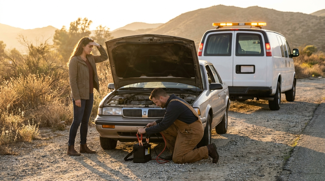 Mobile mechanic assisting a stranded driver roadside in Southern California at golden hour