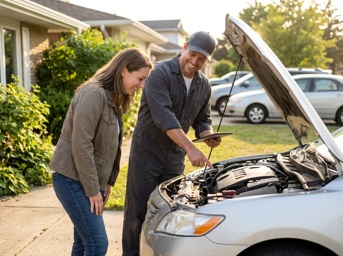 Mechanic showing a tablet to a homeowner in a driveway, explaining a repair