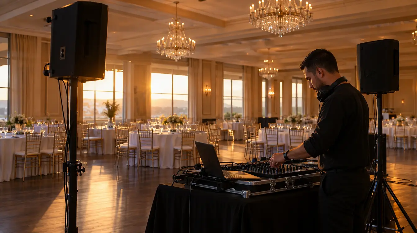 Wedding DJ running a sound check in an empty ballroom before guests arrive