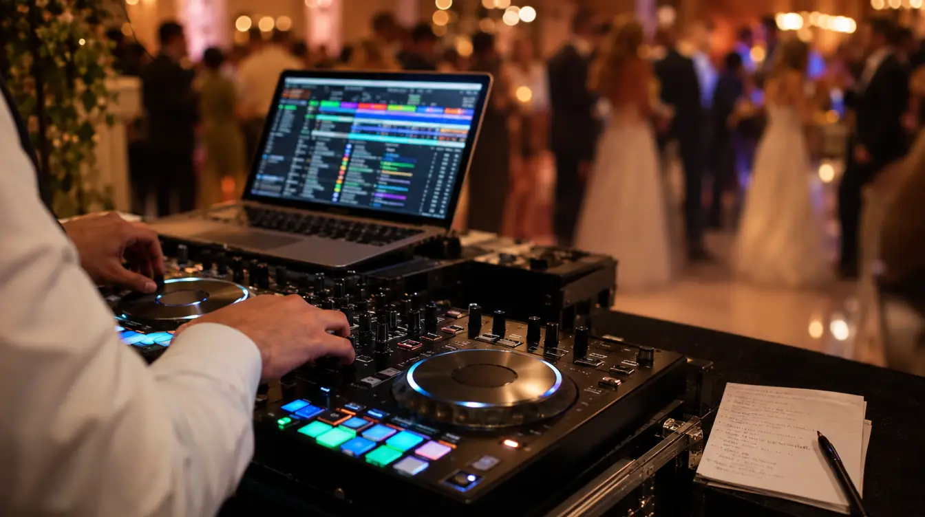 Wedding DJ's hands on a controller beside a laptop playlist and a handwritten must-play list