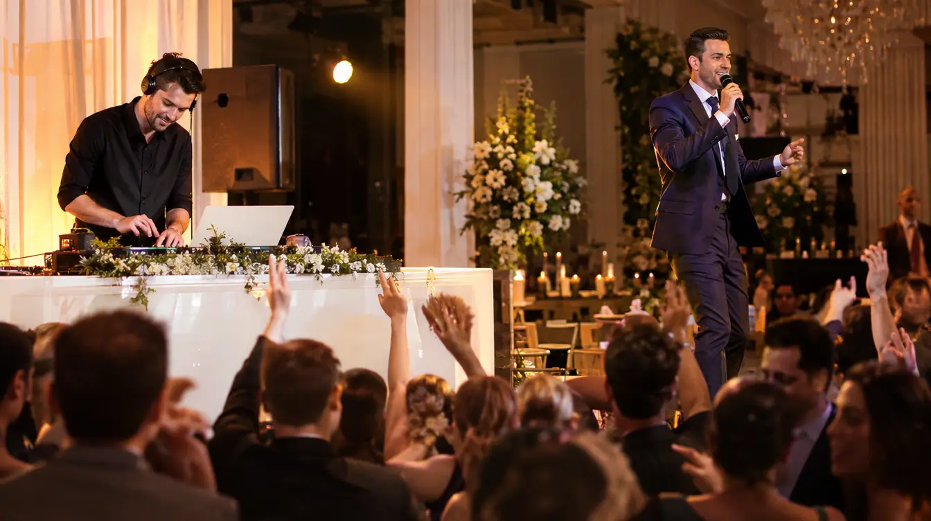 Wedding DJ mixing while a separate emcee works the dance floor with a wireless microphone