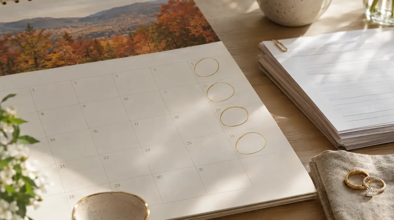 Wedding planning calendar with autumn Saturdays circled, vendor contracts, and engagement rings