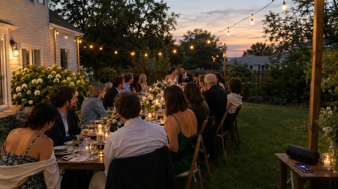 Small backyard wedding at dusk with one long table, string lights, and a portable speaker