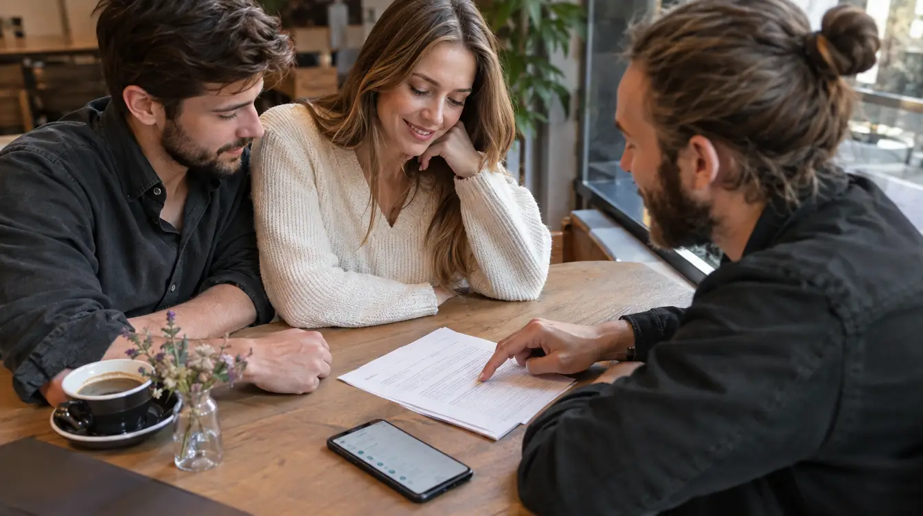 Couple reviewing a wedding DJ contract with the DJ at a cafe table