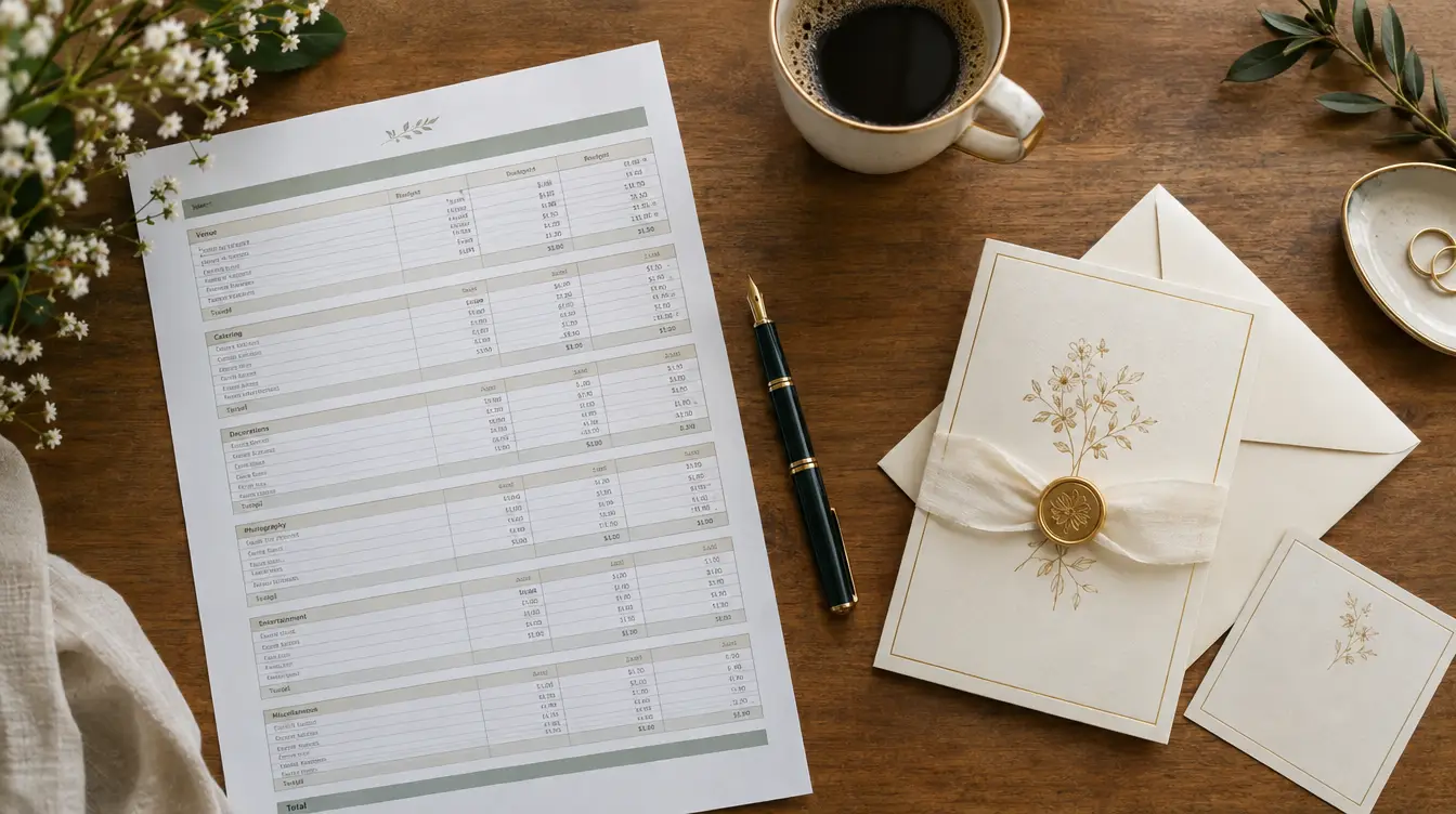 Wedding budget spreadsheet, calculator, and invitation suite laid out on a desk