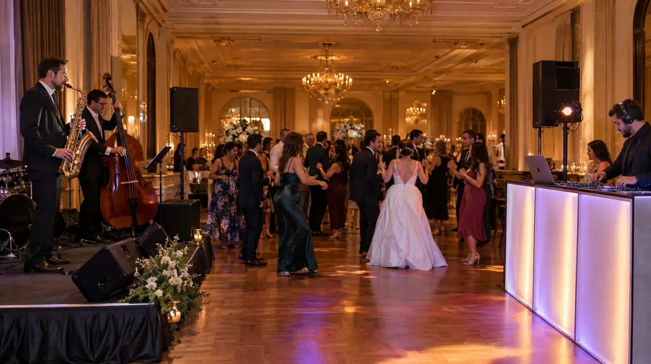 Live band on one side and a wedding DJ booth on the other in the same ballroom