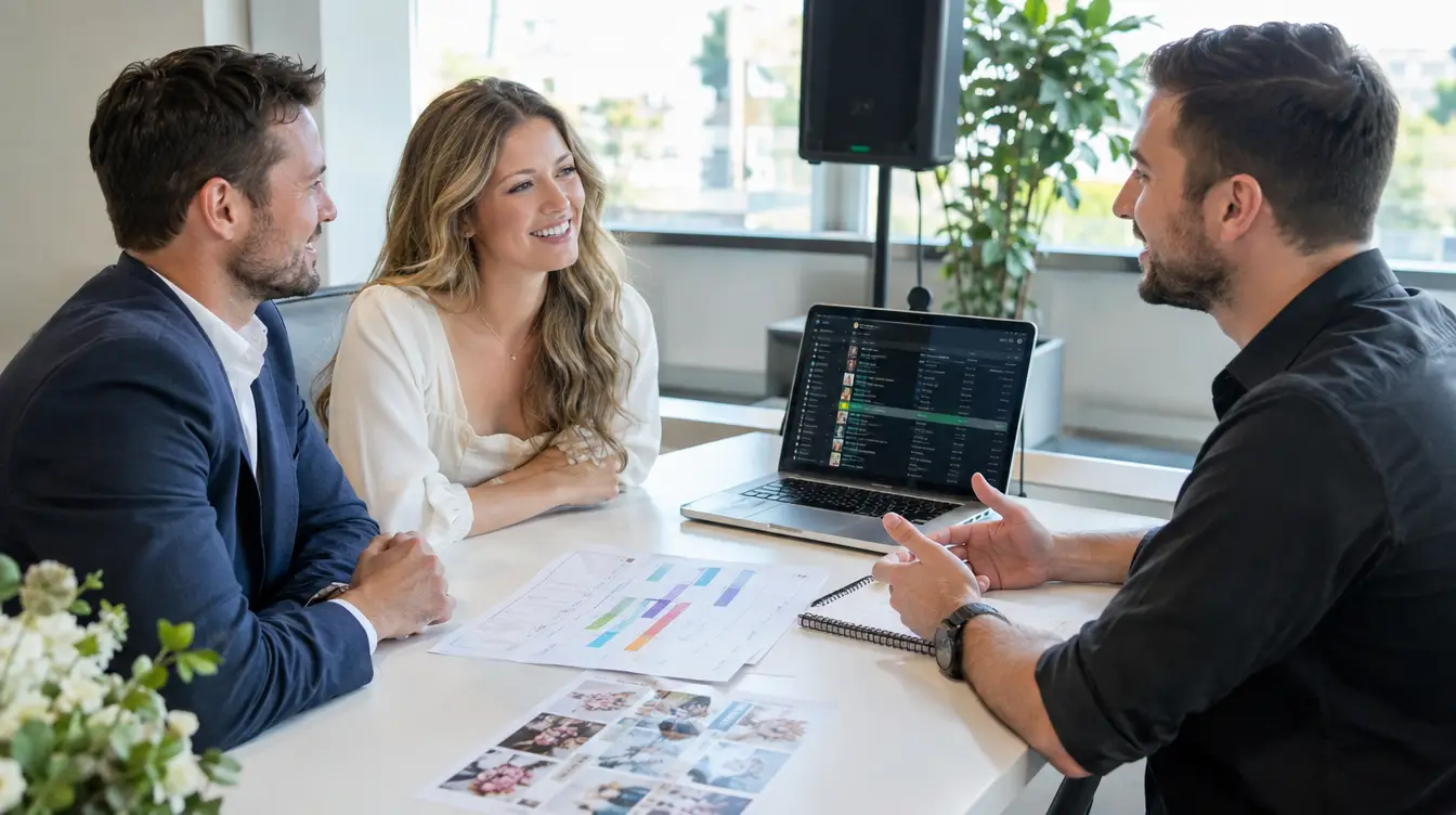Engaged couple meeting a wedding DJ for a planning consultation with a playlist on a laptop