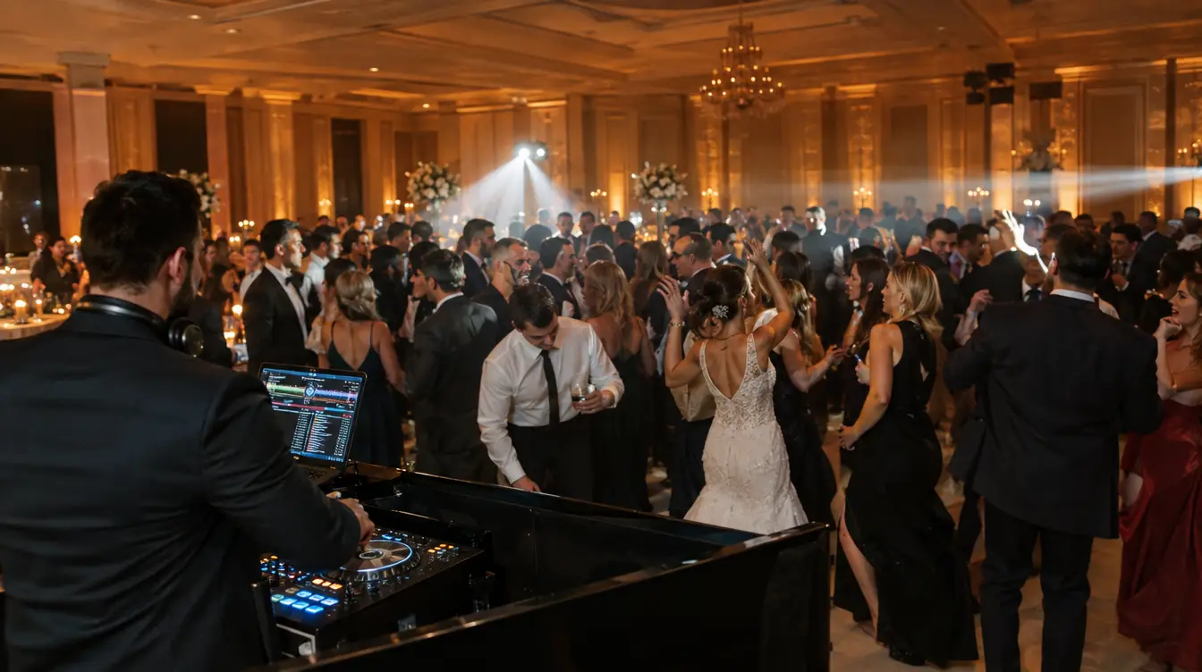Wedding DJ service at a New Jersey ballroom reception with a full dance floor and amber uplighting