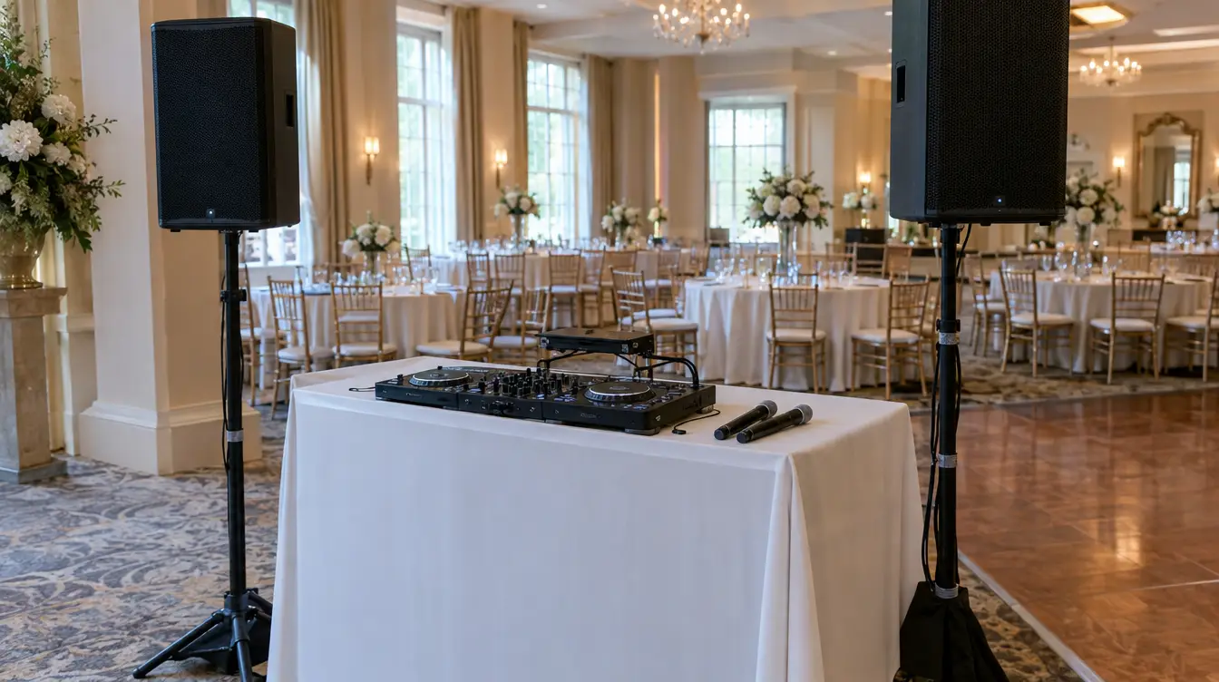 Wedding DJ service setup before guests arrive: PA speakers, controller, and wireless microphones in a ballroom
