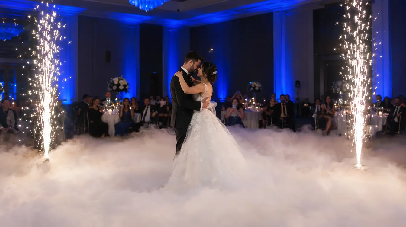 First dance with dancing on the clouds fog, cold spark fountains, and blue uplighting