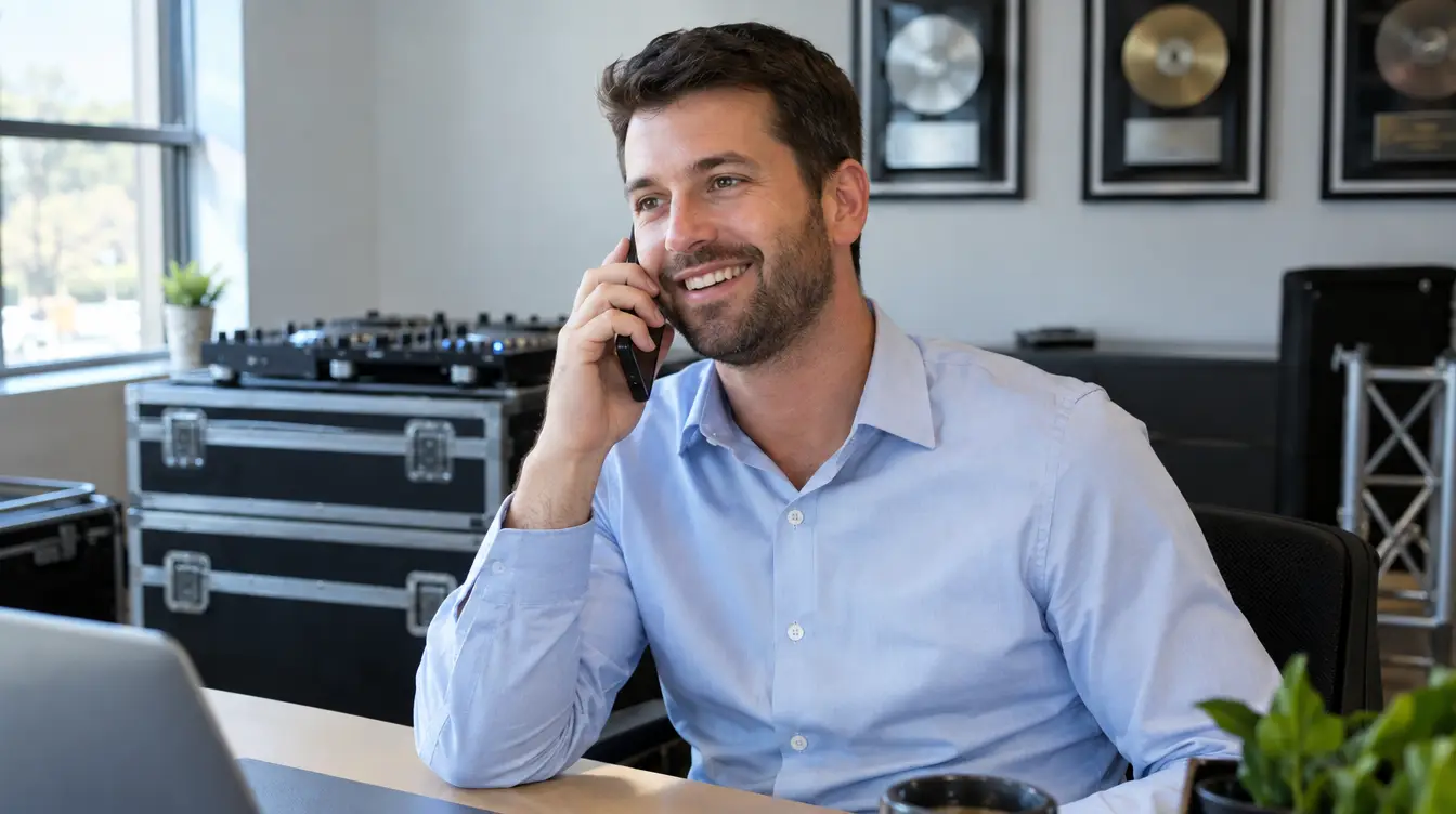 Event company staff member answering a phone call in an office with DJ road cases behind him