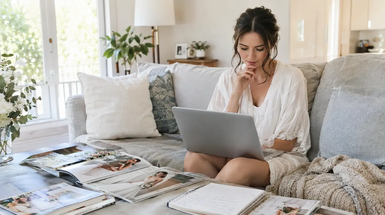Bride-to-be researching wedding DJ questions on a laptop with a notebook