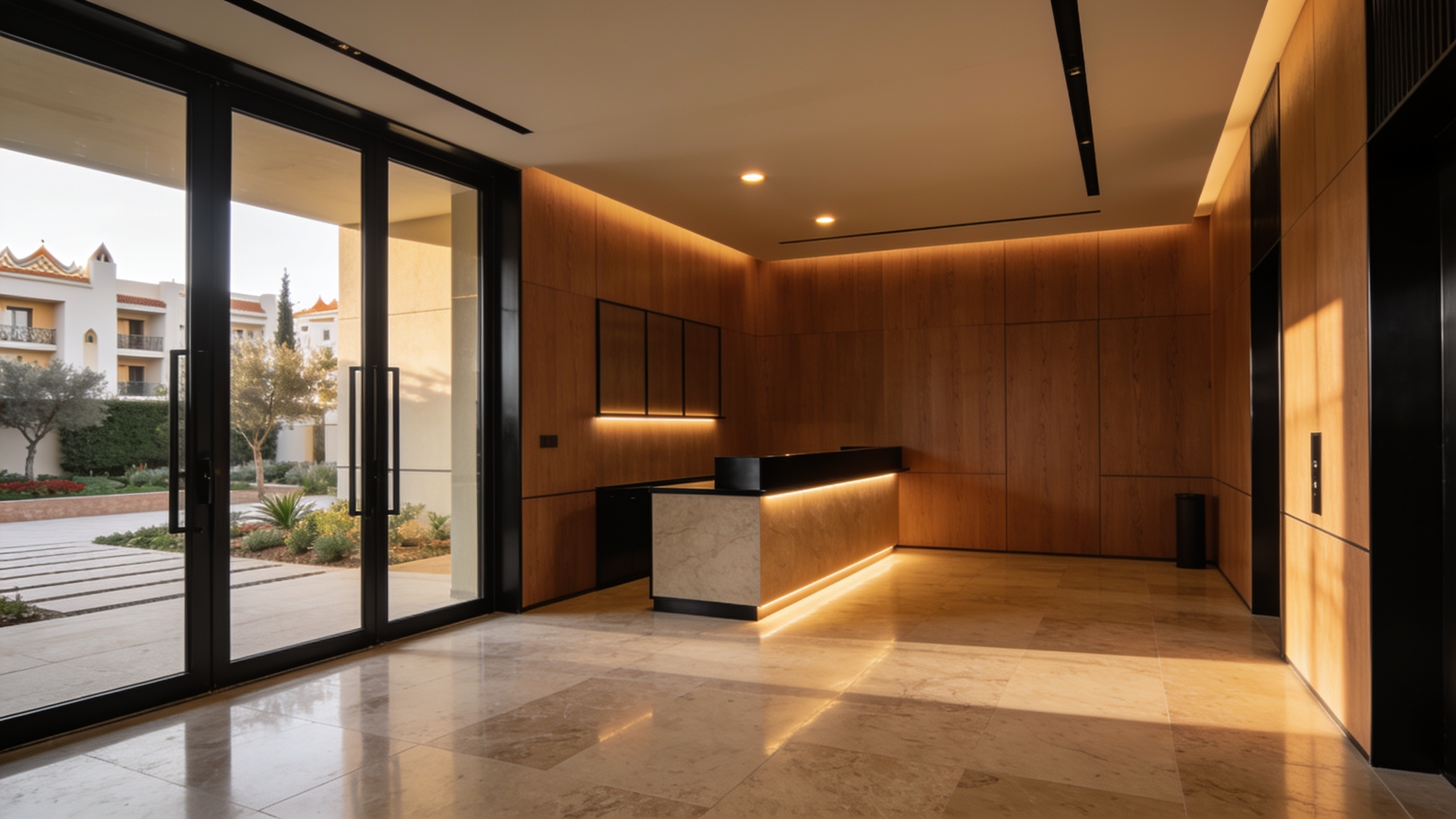 Hall d'entrée d'une résidence moderne, pierre claire et bois