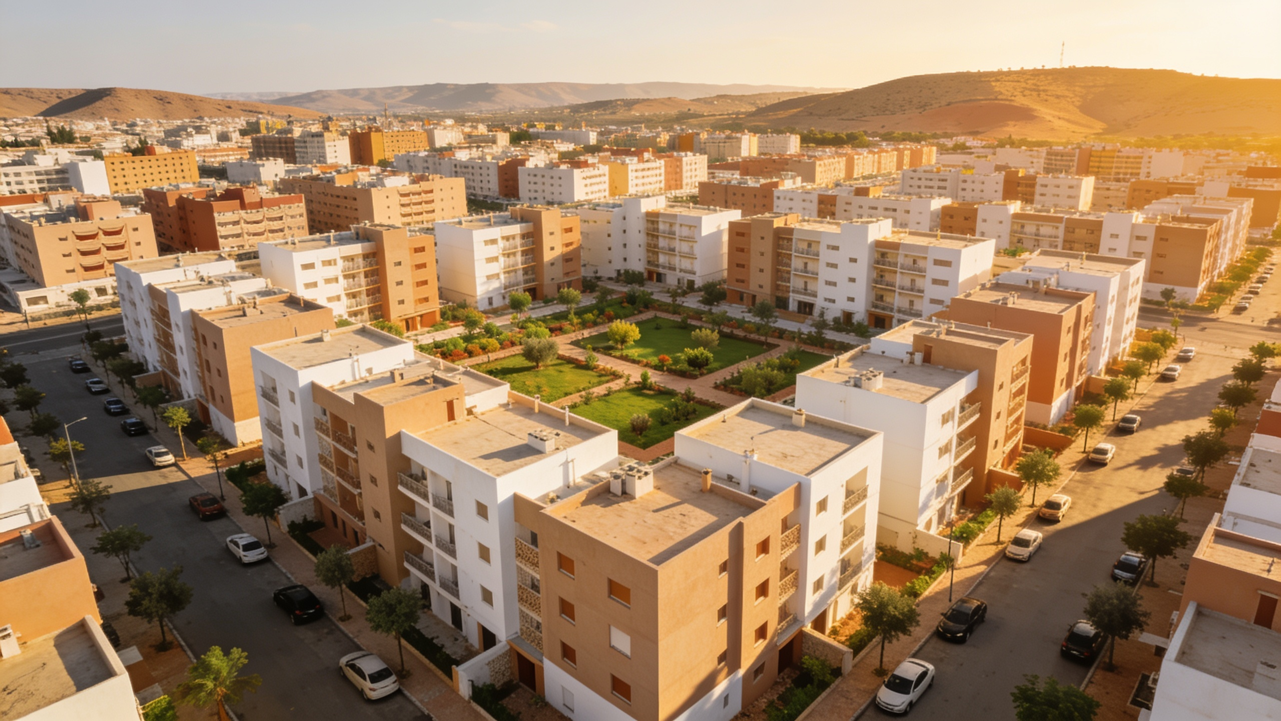 Vue aérienne d'un quartier résidentiel marocain contemporain