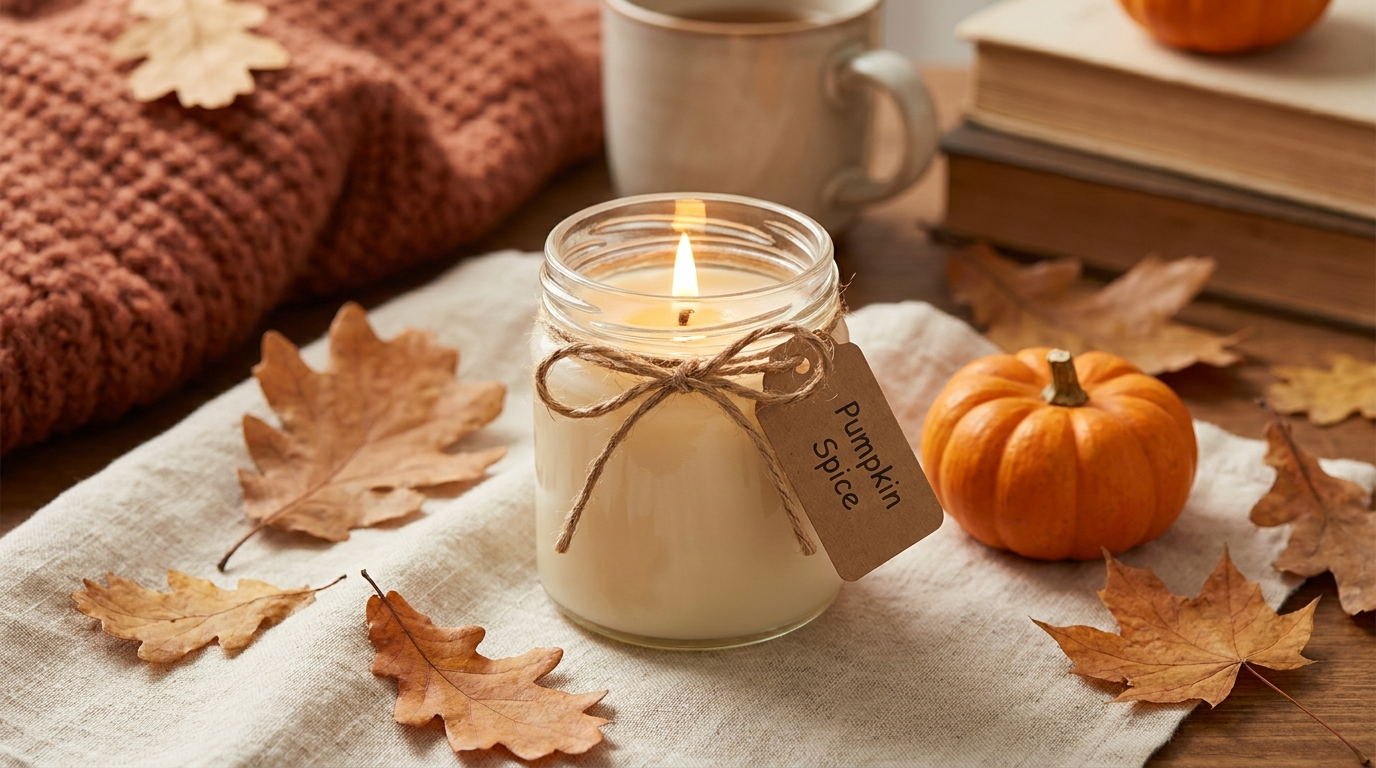 Pumpkin spice soy candle in a clear glass jar tied with twine and a kraft gift tag