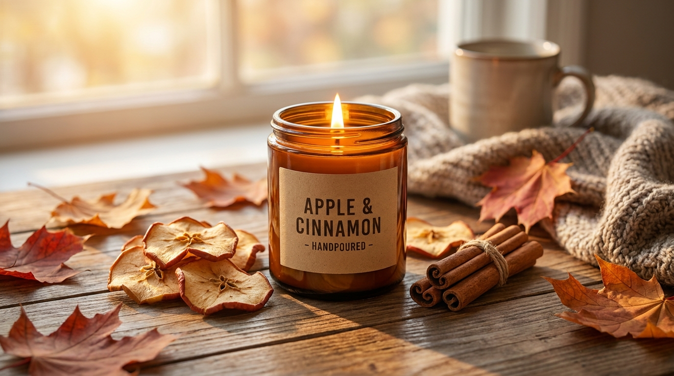 Apple cinnamon candle in an amber glass jar surrounded by cinnamon sticks and fall leaves
