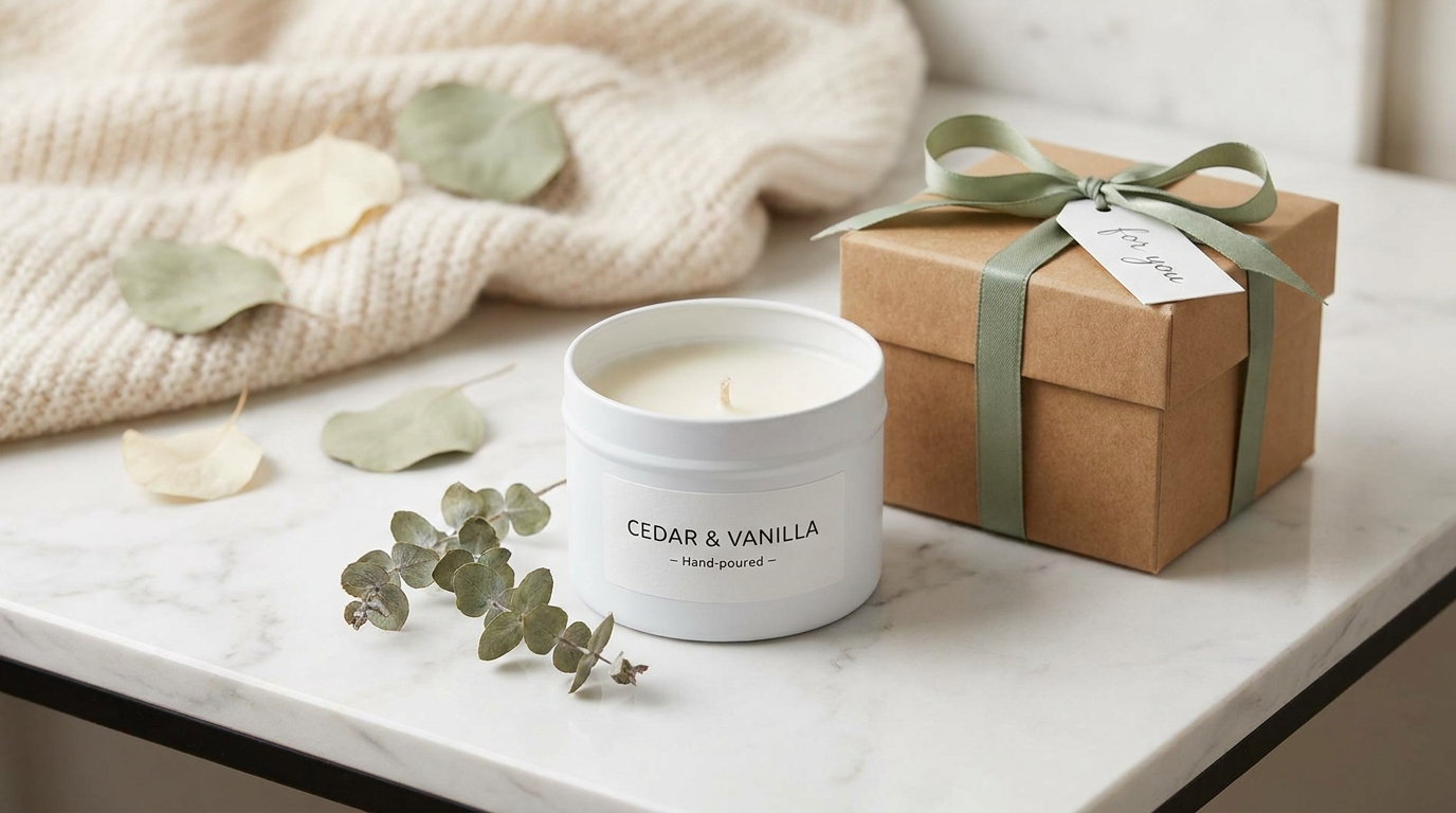 Woodsy vanilla cedar candle in a white tin with dried eucalyptus and a kraft gift box