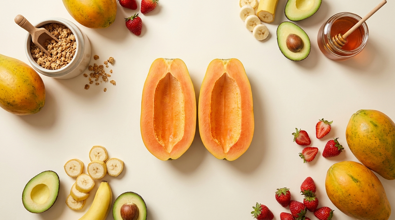 Fresh halved papaya with tropical ingredients