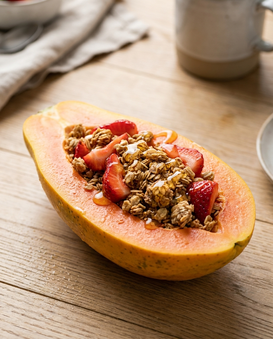 Strawberry breakfast papaya bowl close up