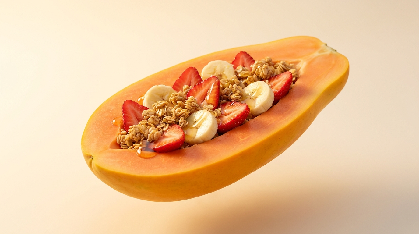 A fresh, ripe papaya halved into a natural edible bowl with yogurt, banana, strawberry, granola and honey, floating in soft sunrise light