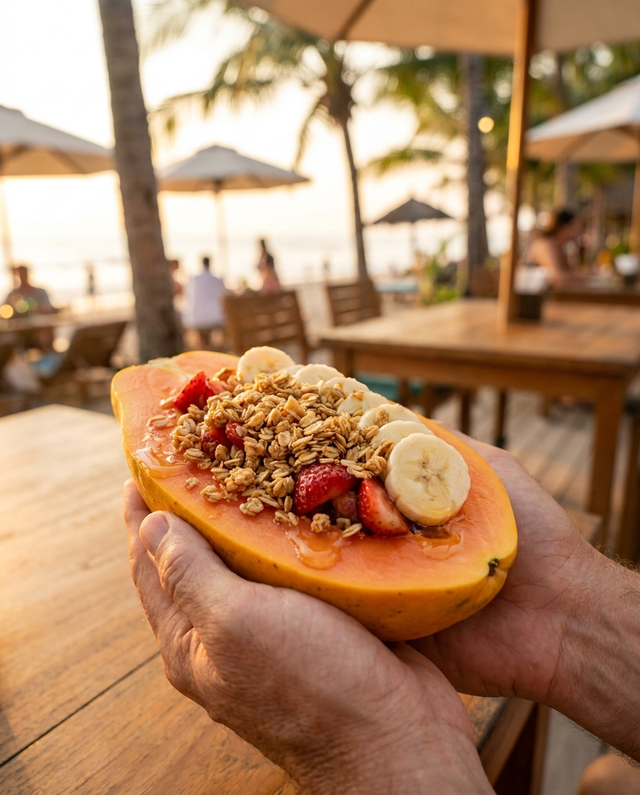 Hands holding a halved papaya used as an edible bowl