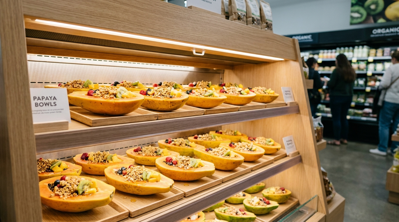 Premium grocery display of packaged Papaya Bowls