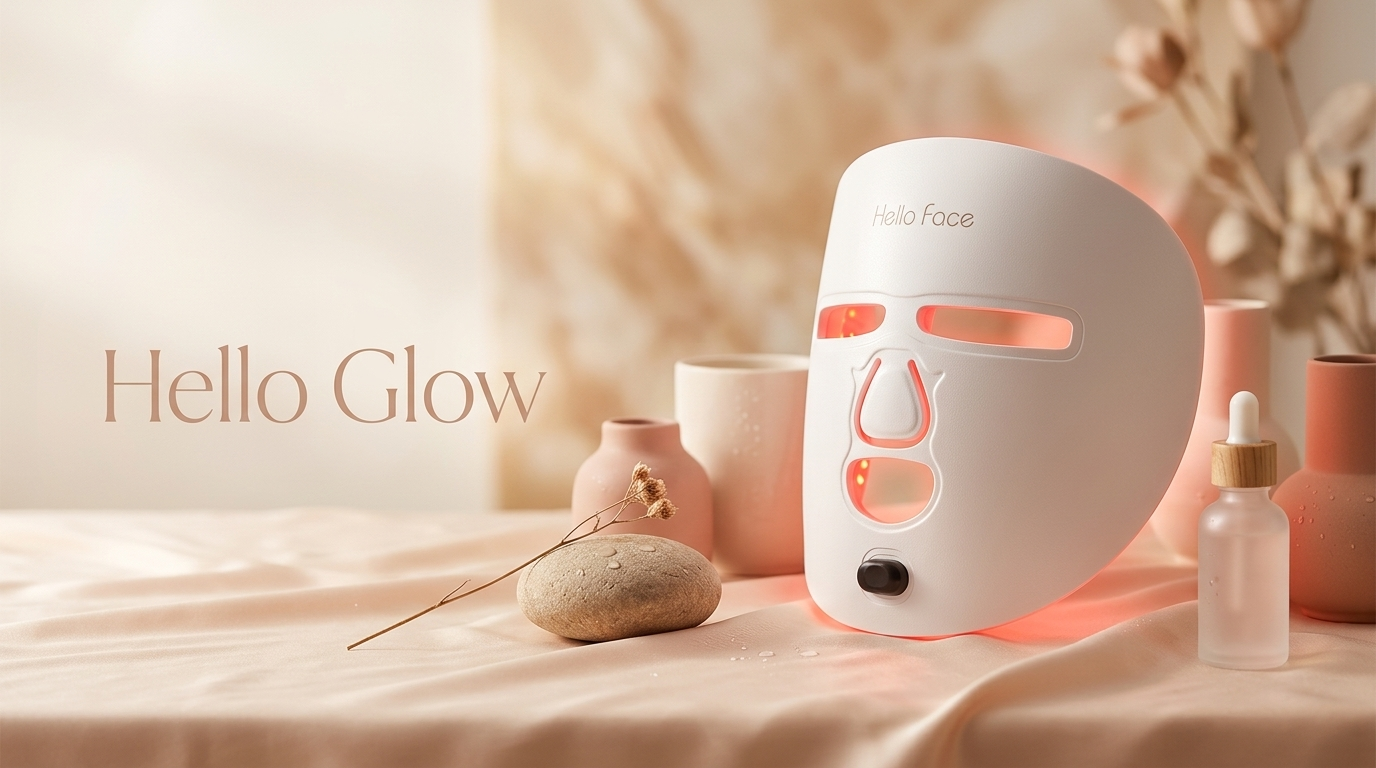 Hello Glow red light therapy mask, styled still life