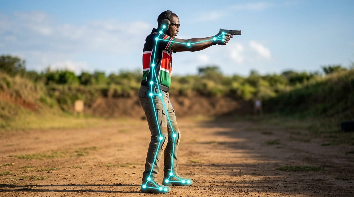 AI skeleton tracking overlay on a shooter in isosceles stance — 33 keypoints mapped in real time
