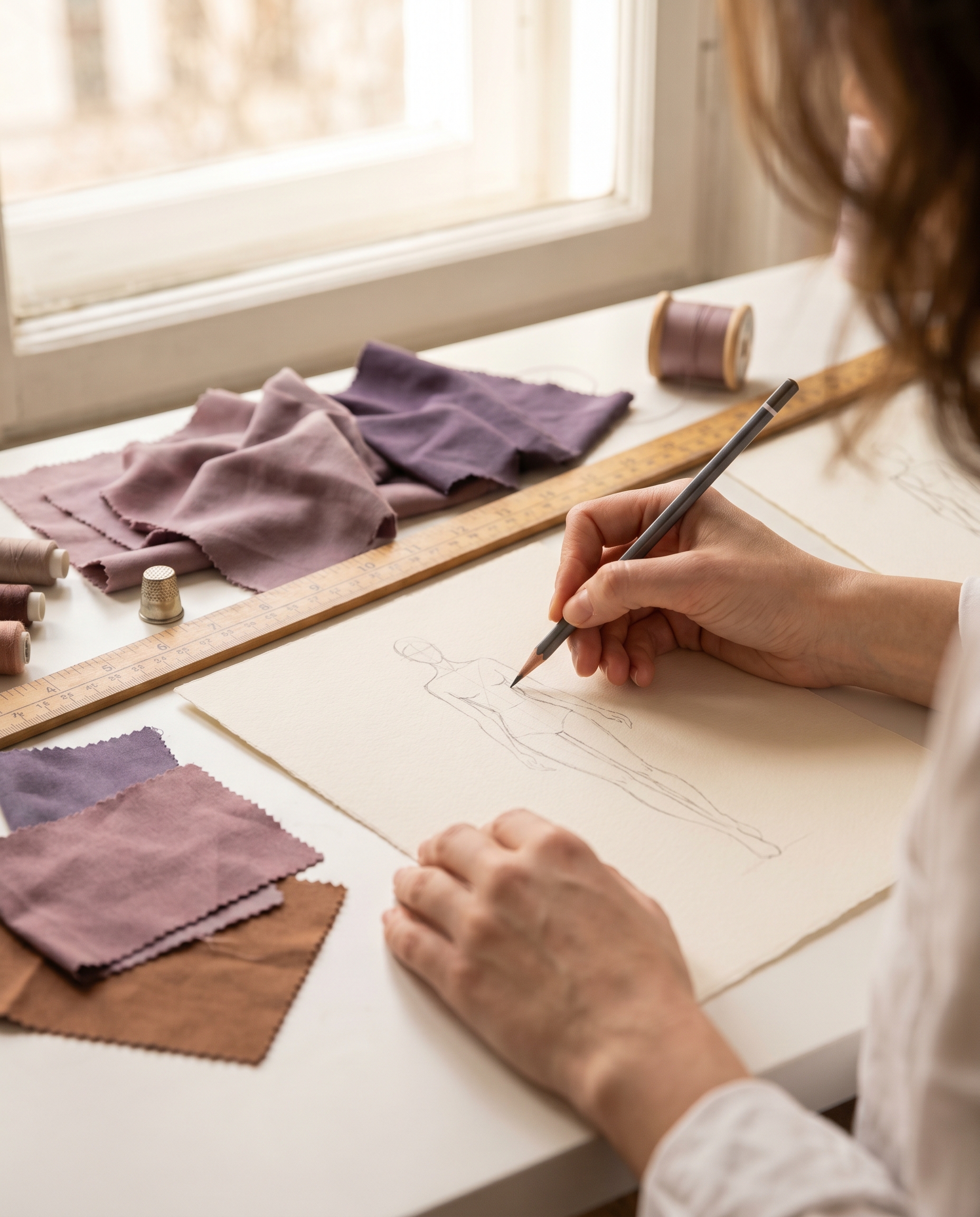 Ruke koje crtaju modni croquis olovkom u dizajnerskom studiju