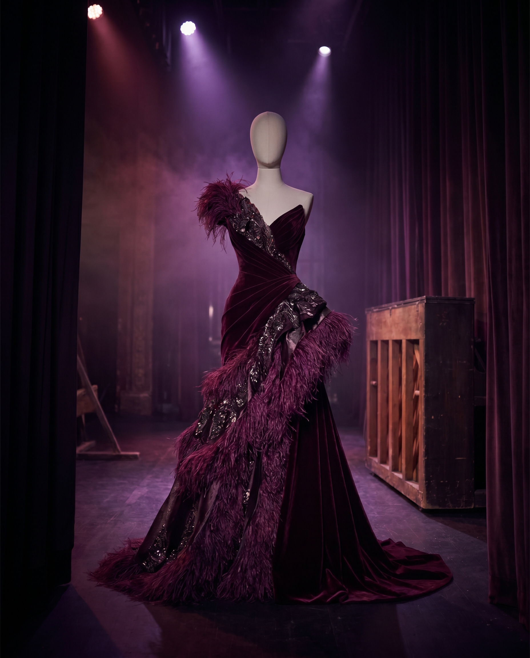 Scenski kostim — skulpturalna couture haljina pod plum scenskim svetlom