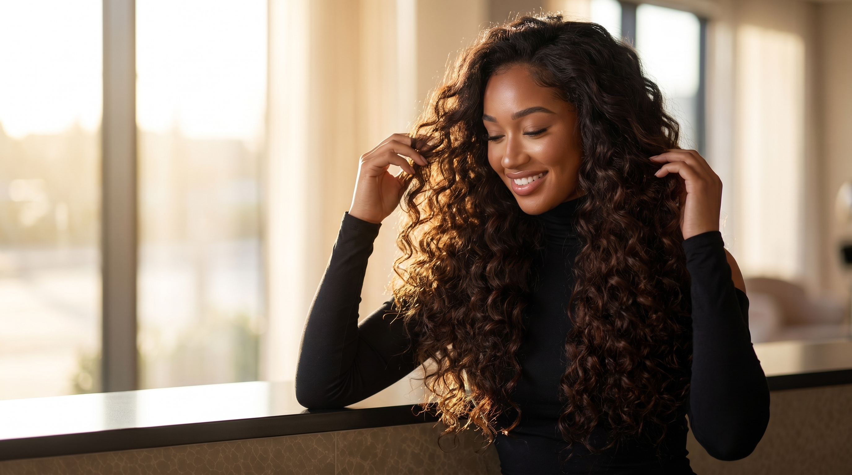 Woman with beautiful curly WAVE hair extensions showing healthy volume and natural blend
