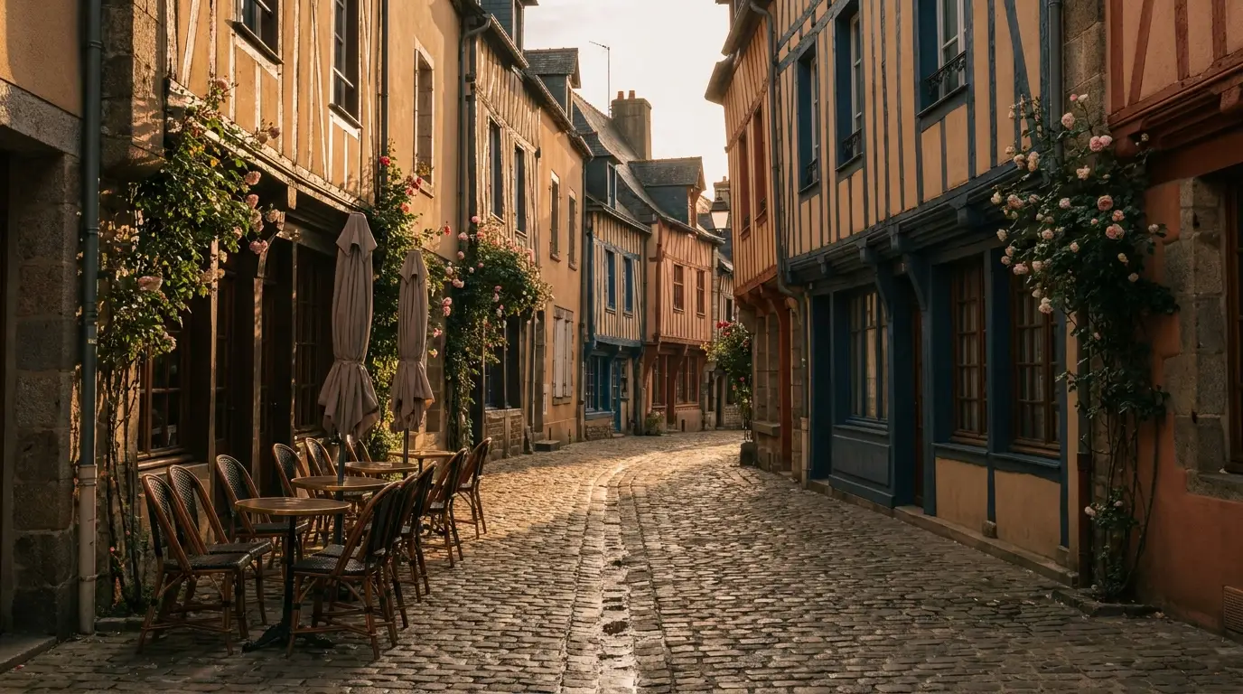 Rue pavée d'une ville bretonne en fin de journée, terrasse vide et lumière chaude