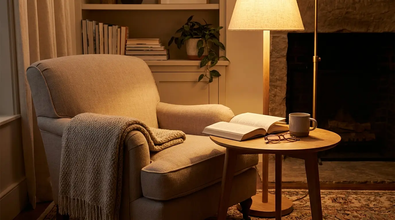 Coin lecture cosy en soirée, lampe chaude et plaid