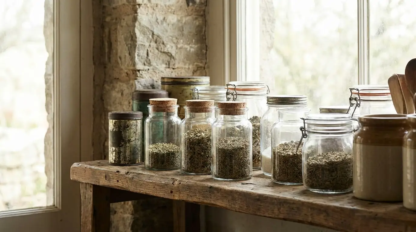 Bocaux en verre bien rangés sur une étagère en bois