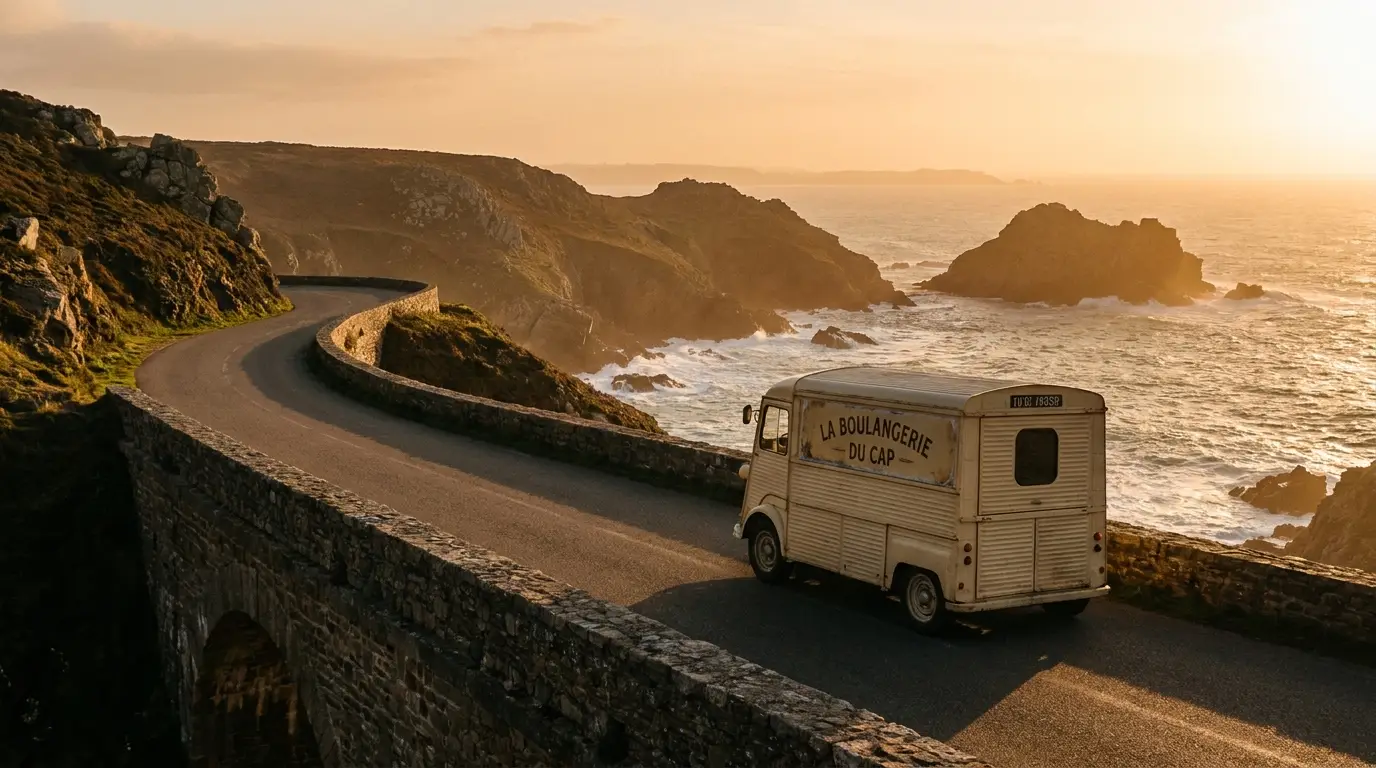 Route côtière bretonne au coucher du soleil avec une camionnette de livraison