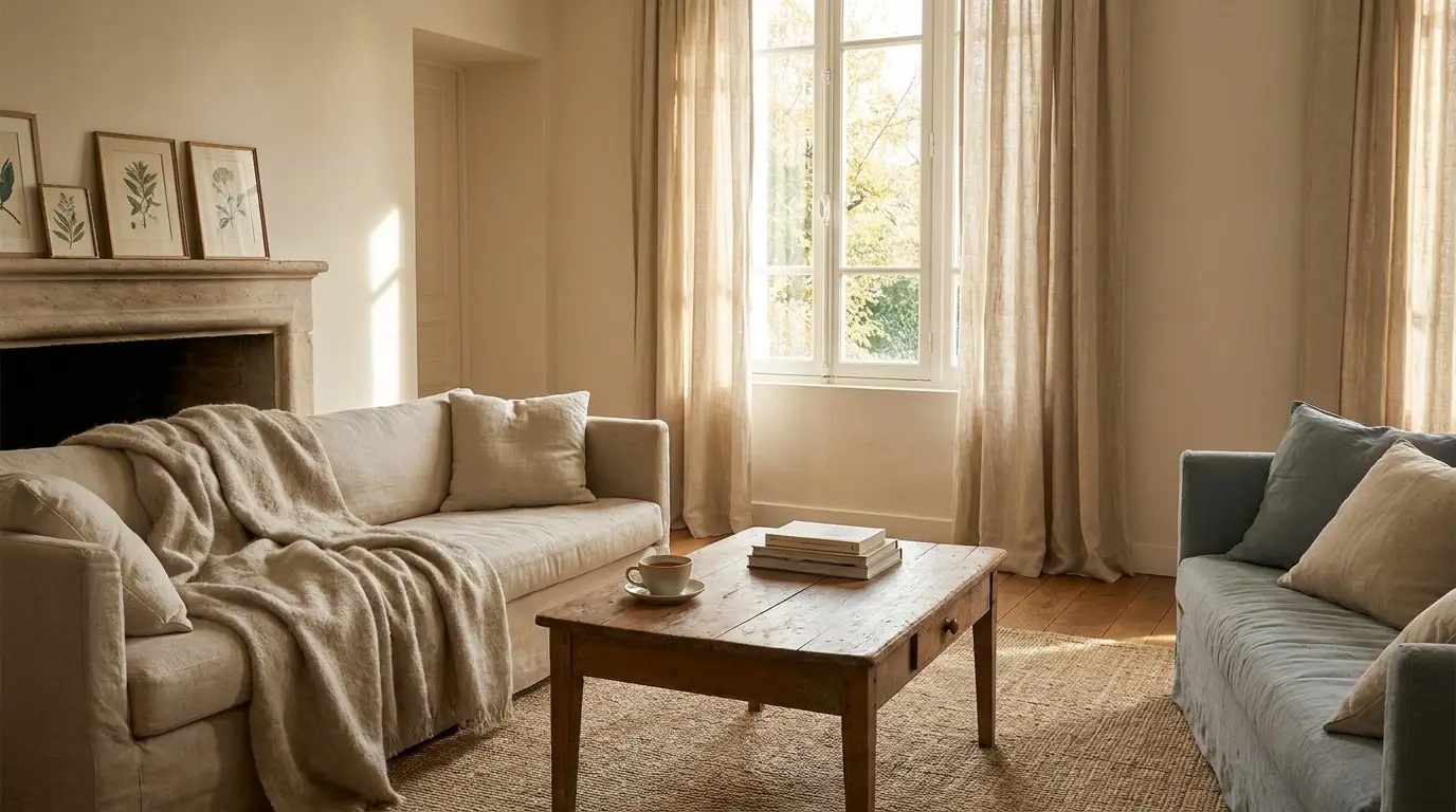 Salon français calme, lumière douce d'après-midi