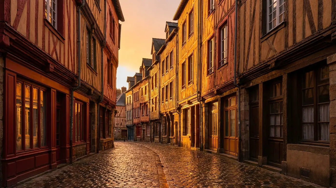 Rue pavée et maisons à colombages du centre historique rennais, lumière dorée