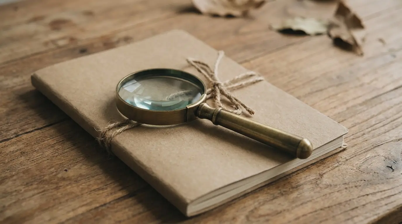Loupe posée sur un carnet kraft, lumière naturelle douce