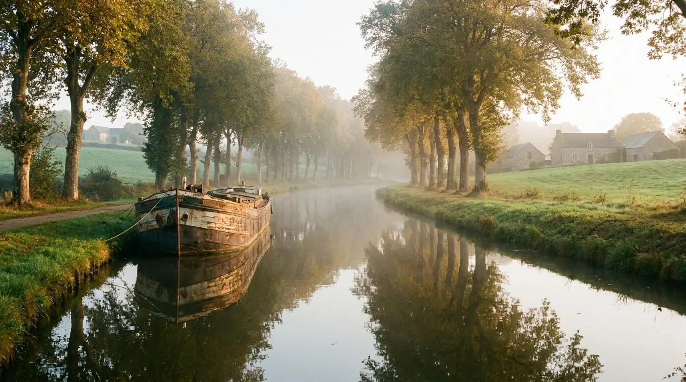 Canal calme bordé d'arbres avec une péniche amarrée, brume matinale
